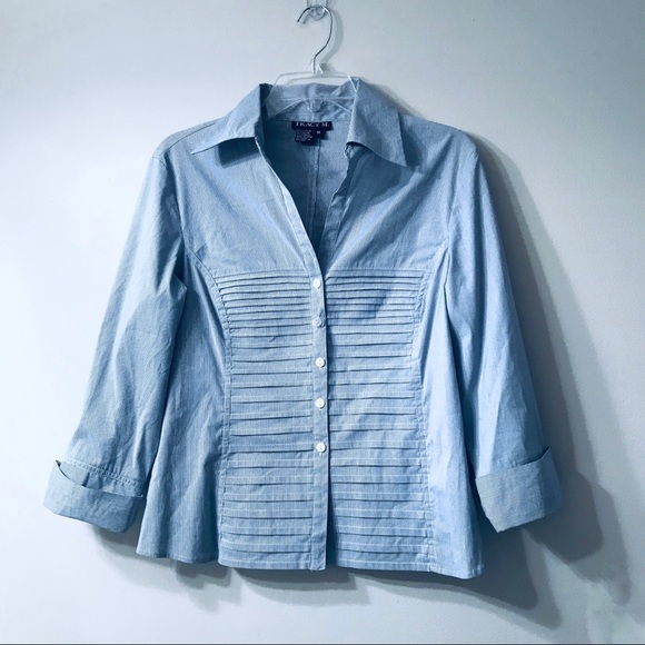 Tracy M Tops - Tracy M Blue/White Pleated Cuff Sleeve Button Down